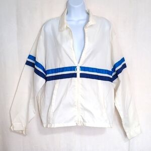 Y2k Vintage Cap'n Jac White Nylon Windbreaker with Blue Stripes Size Large